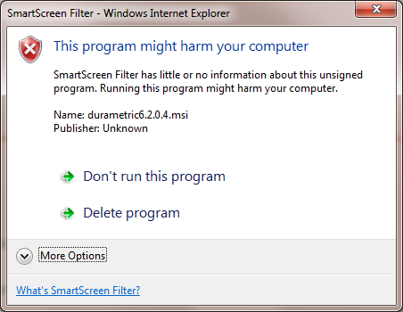 First prompt from IE9 when attempting to install Durametric.